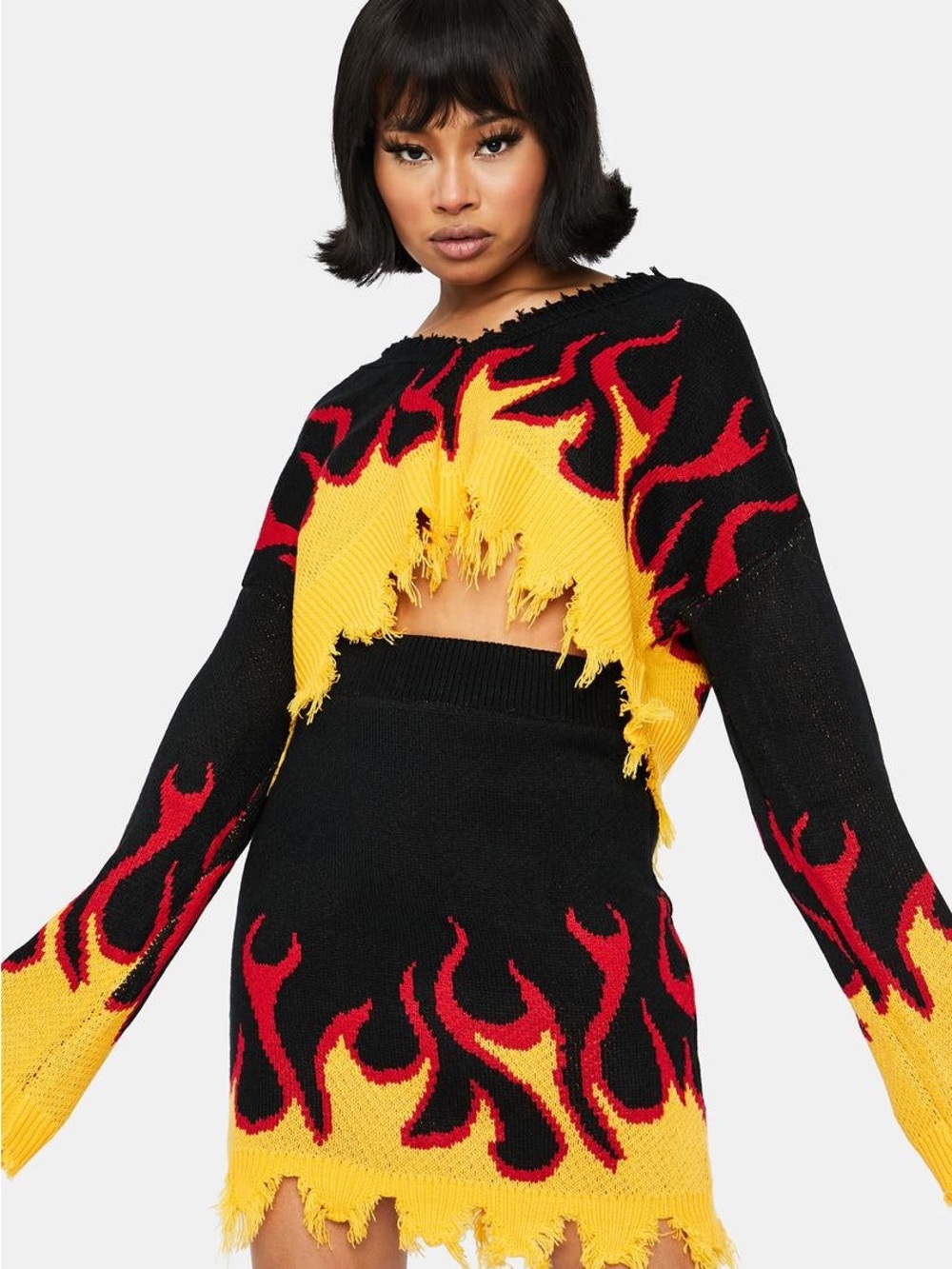Dolls Kill Black Yellow Red Distressed Flame-Print Off-Shoulder Sweater